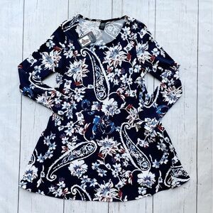 Lildy Women’s Floral Print Pocket Swing Stretch Tunic Top Navy Blue Size S-M